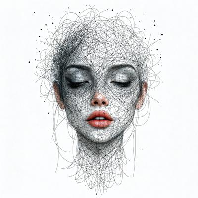 The primary subject of the image is a woman's face, which is the main focus of the image. The setting is a white background, and the visual style is a digital art or illustration. The colors in the image are predominantly black and white, giving the image a classic and timeless appearance.
